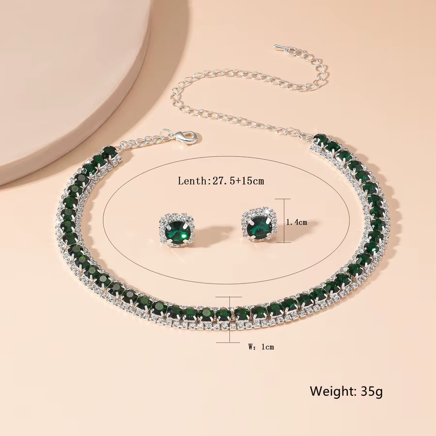 Parure de Bijoux Élégante Dorée avec Cristaux Verts Collier & Boucles d’Oreilles – Image 3